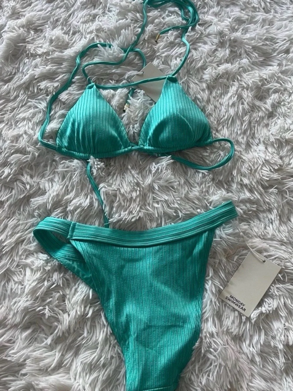 Monday Swimwear Teal Ribbed String Bikini Set